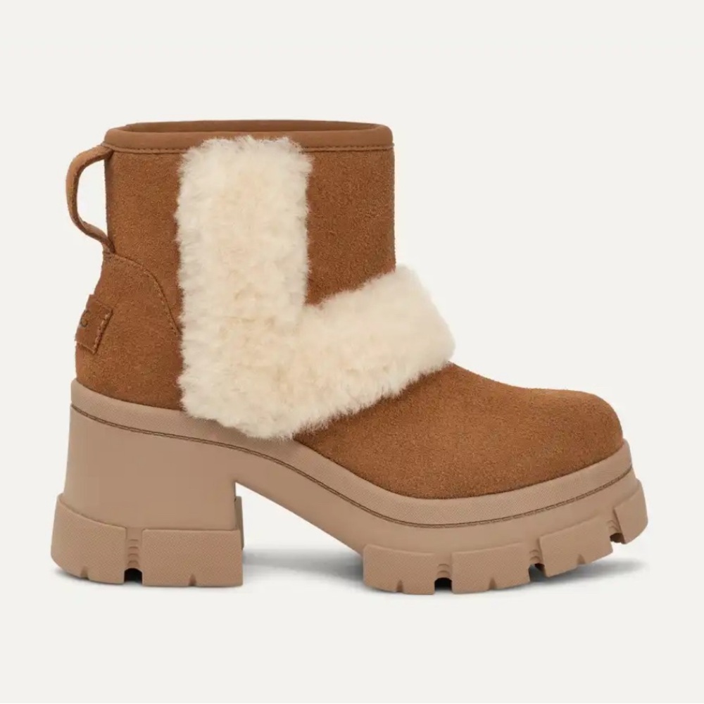 New Women’s UGG Brooklyn Sunburst Suede Camel Brown Leather Platform Boots 8.5